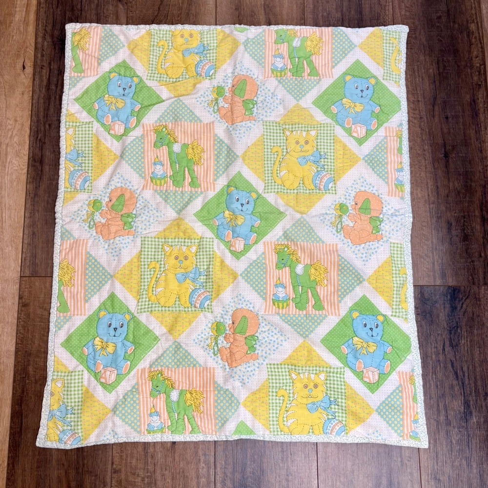 Vintage Quilted Patchwork Baby Blanket Nursery Animals Pony Pastel 40x32 Crib